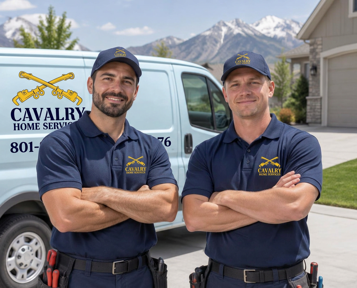 Two smiling plumbing technicians in front of a service van